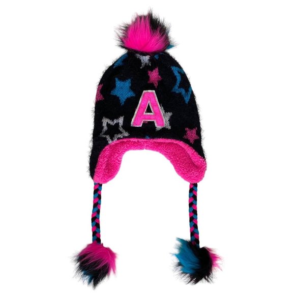 Justice Girl’s Letter A One Size Pom Pom Hat Sherpa Lined Stars Black Blue Pink - Picture 1 of 5
